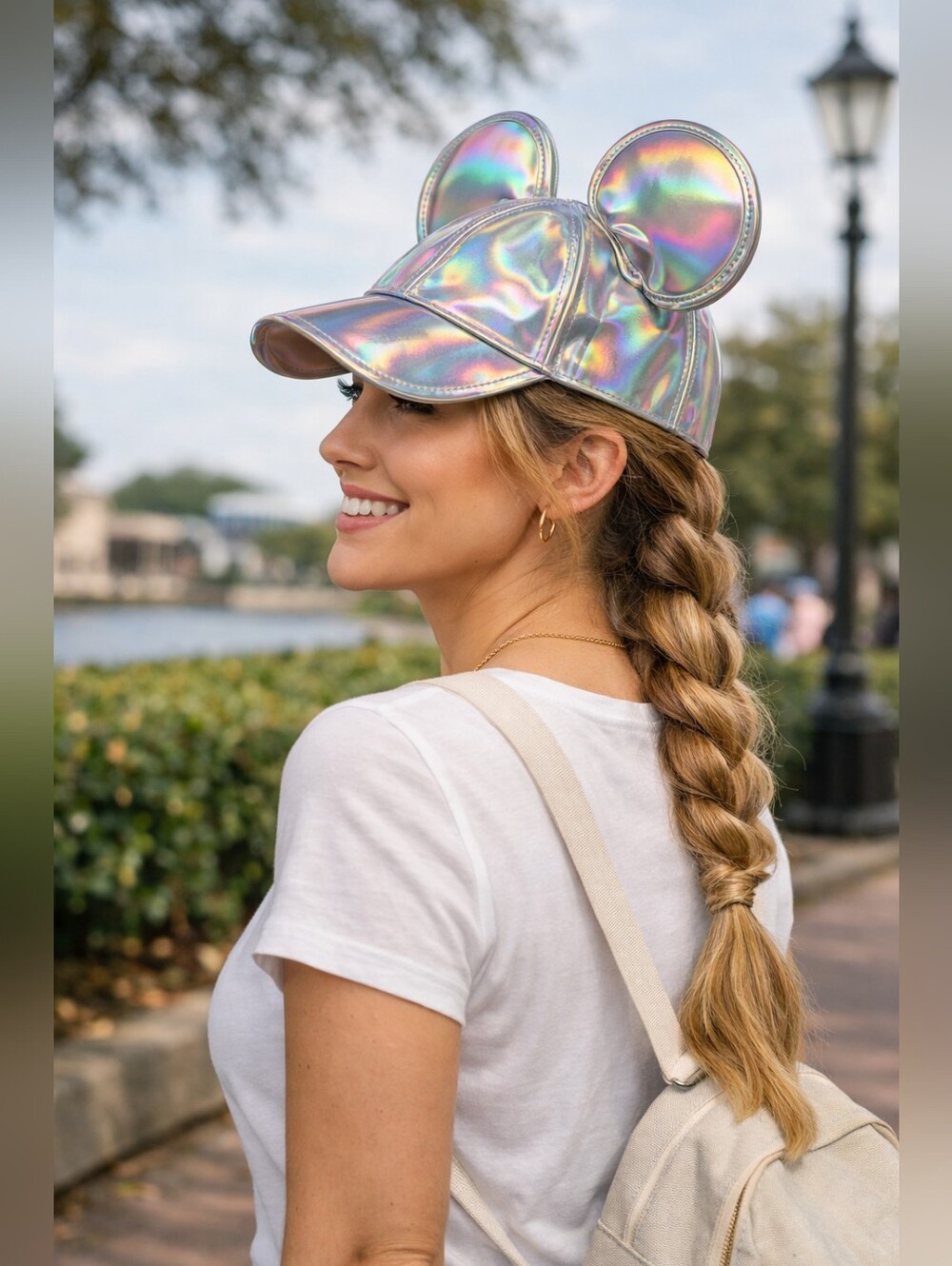 Disney‑Epcot Holographic Baseball Cap with Mickey Ears – Iridescent Shine